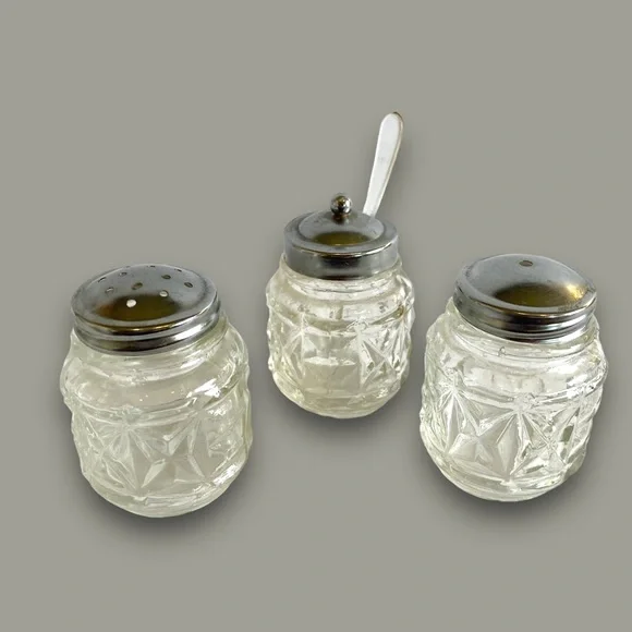 Vintage 3pc Glass Salt, Pepper, Jam or Sugar - Picture 4 of 9
